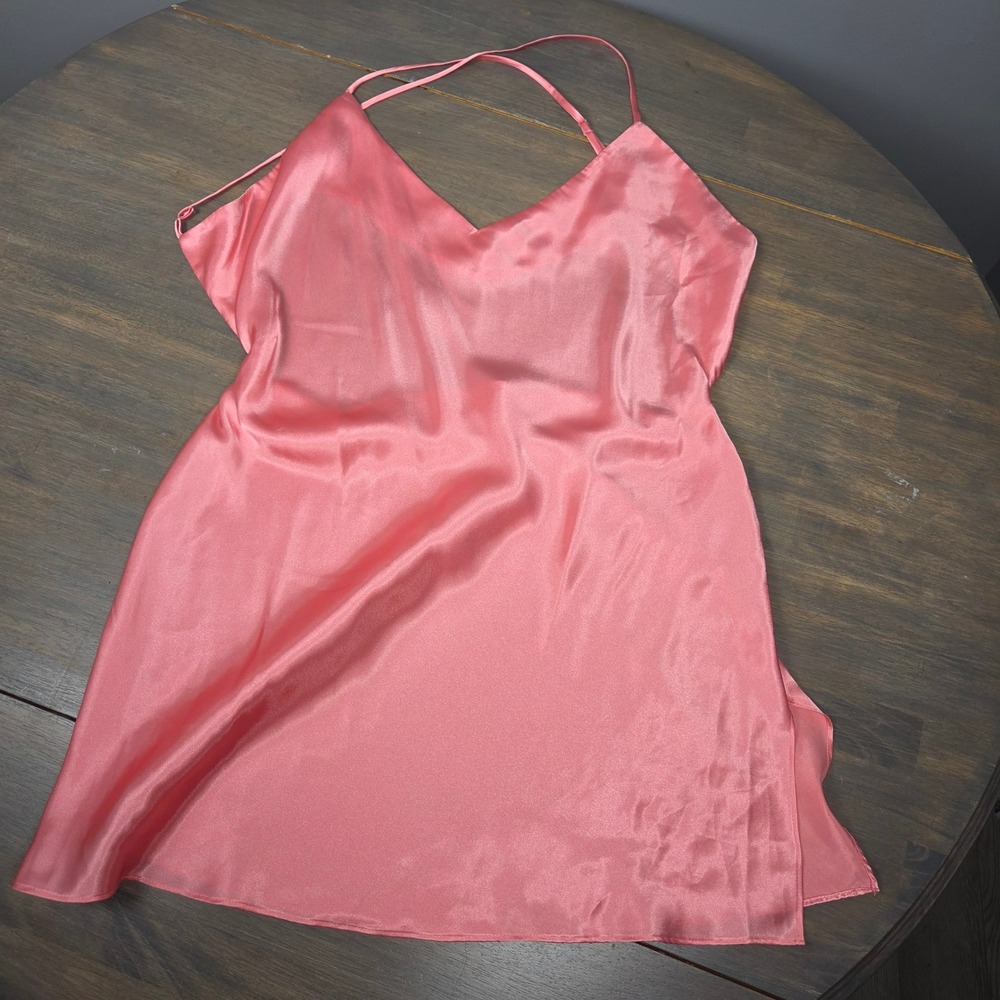 Victoria's Secret Women L Satin Slip Dress Open Back Side Slit Y2K Peach Pink